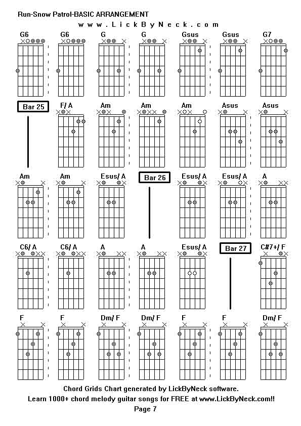 Chord Grids Chart of chord melody fingerstyle guitar song-Run-Snow Patrol-BASIC ARRANGEMENT,generated by LickByNeck software.